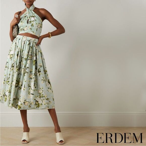 Erdem **NWT** Luna Poplin Cotton Halter Crop Top In Magnolia Garden Mint Green - Picture 2 of 16